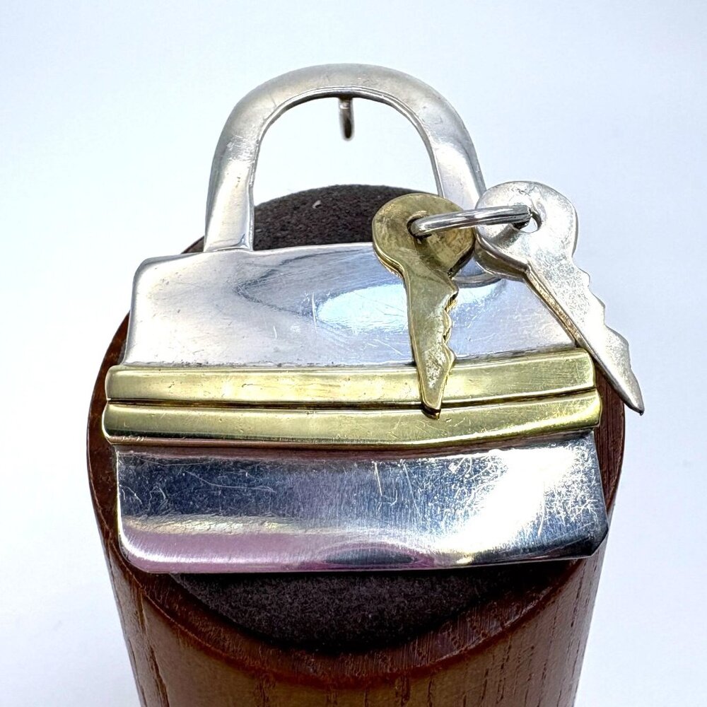Lock & Key Pendant Brass Accents VTG 925 Sterling Silver 2 x 1.5"